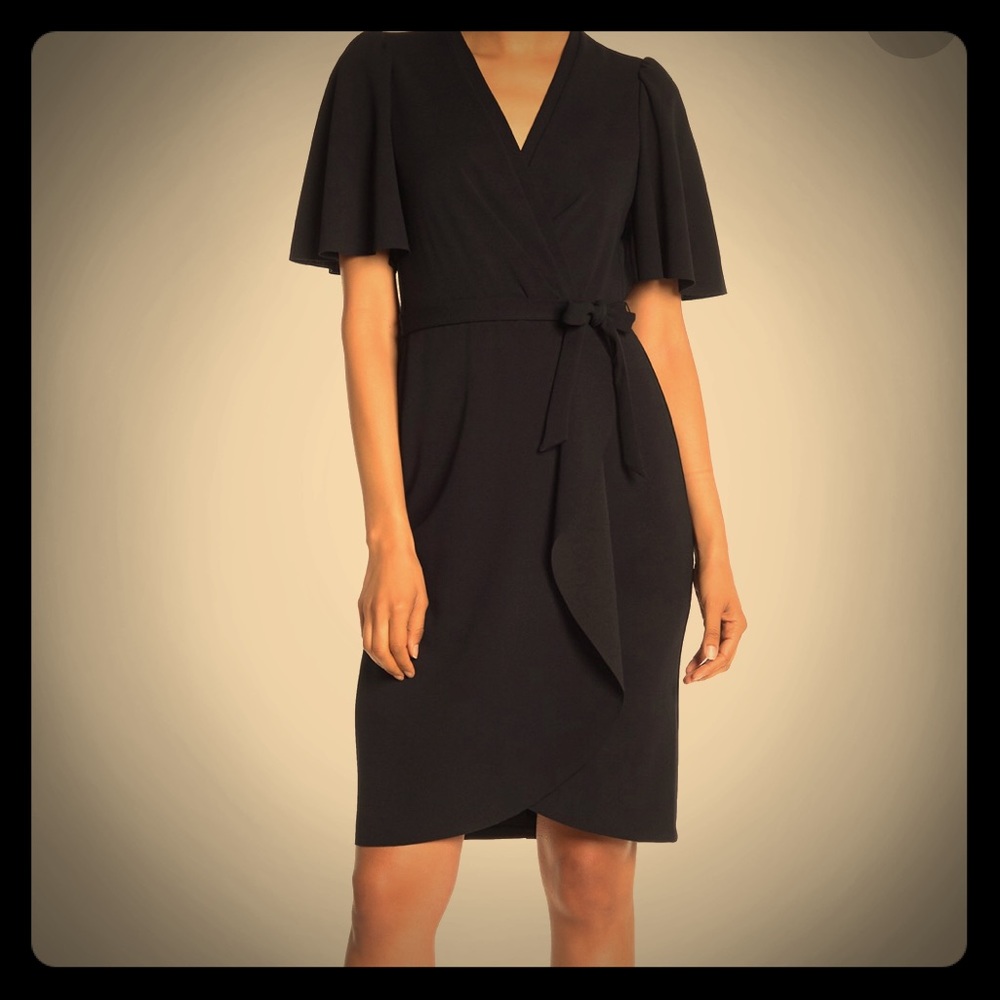 Donna Morgan Short Flutter Sleeve Faux Wrap Dress